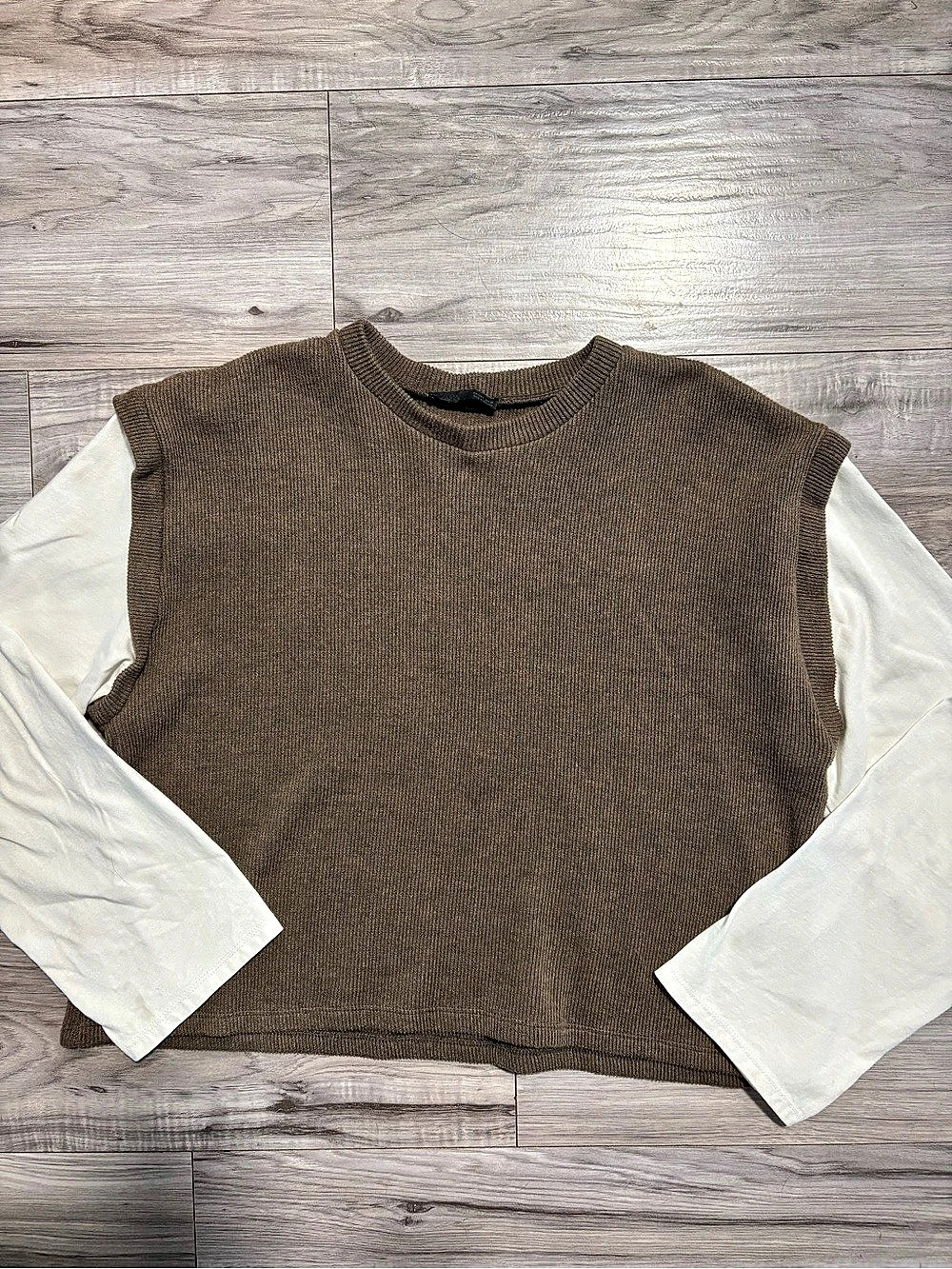 Zara Brown & White Layered Crew Neck Sweater